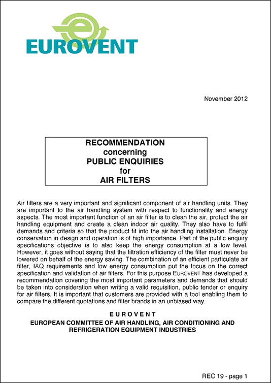 Eurovent 4/19 - 2012: Industry Recommendation concerning Public Enquiries for Air Filters - First Edition