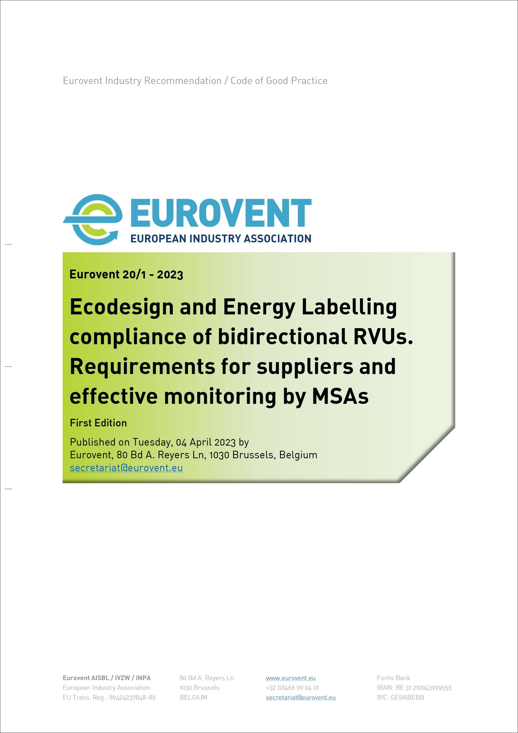 Eurovent 20/1 - 2023: Ecodesign and Energy Labelling compliance of bidirectional RVUs - Requirements for suppliers and effective monitoring by MSAs
