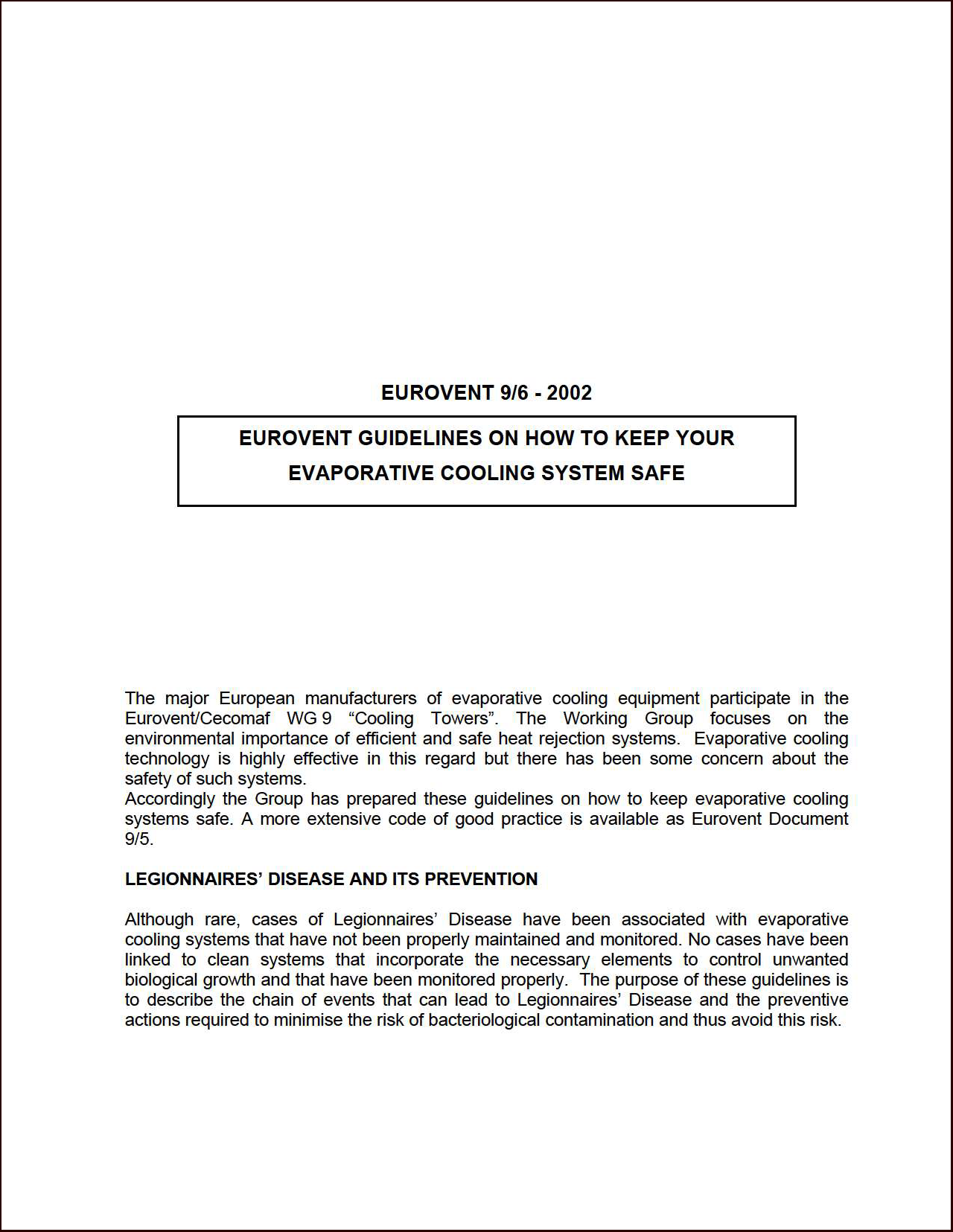 2002 - Eurovent guidelines on how to keep your evaporative cooling system safe