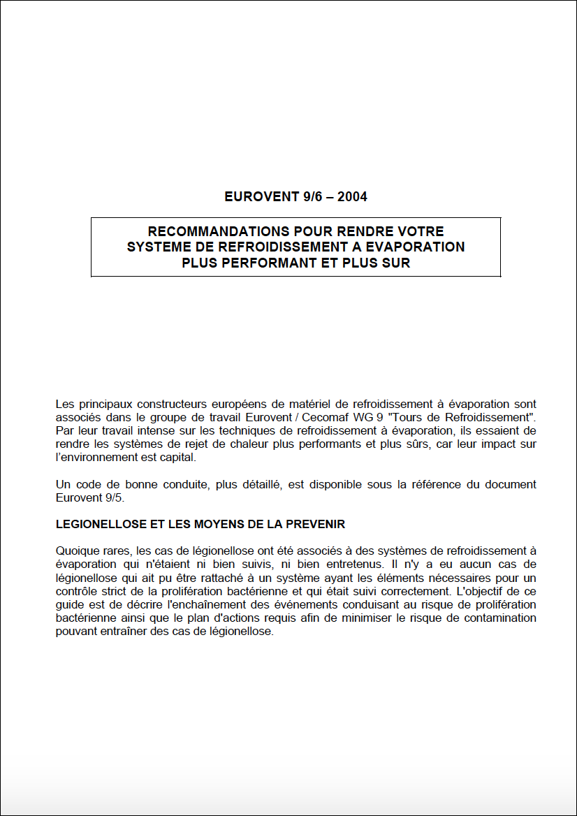 Eurovent 9/6 - 2004: Recommandations pour rendre votre système de refroidissement a evaporation plus performant et plus sur