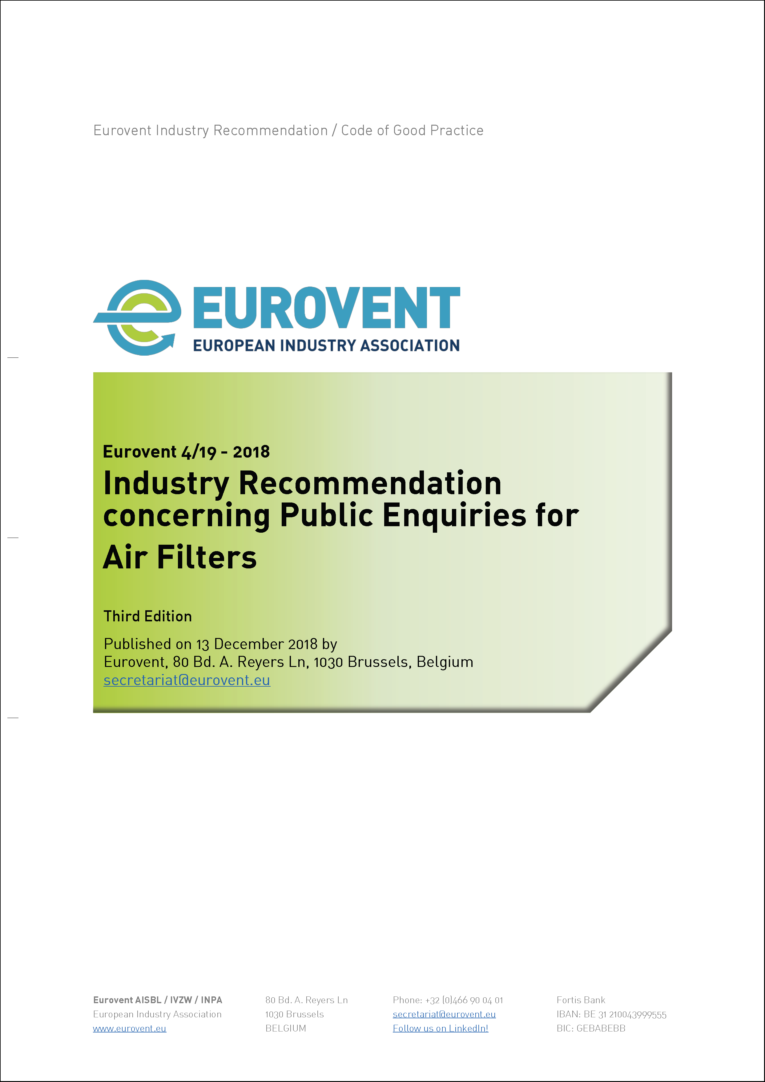 2018 - Eurovent 4/19 - 2018: Industry Recommendation concerning Public Enquiries for Air Filters